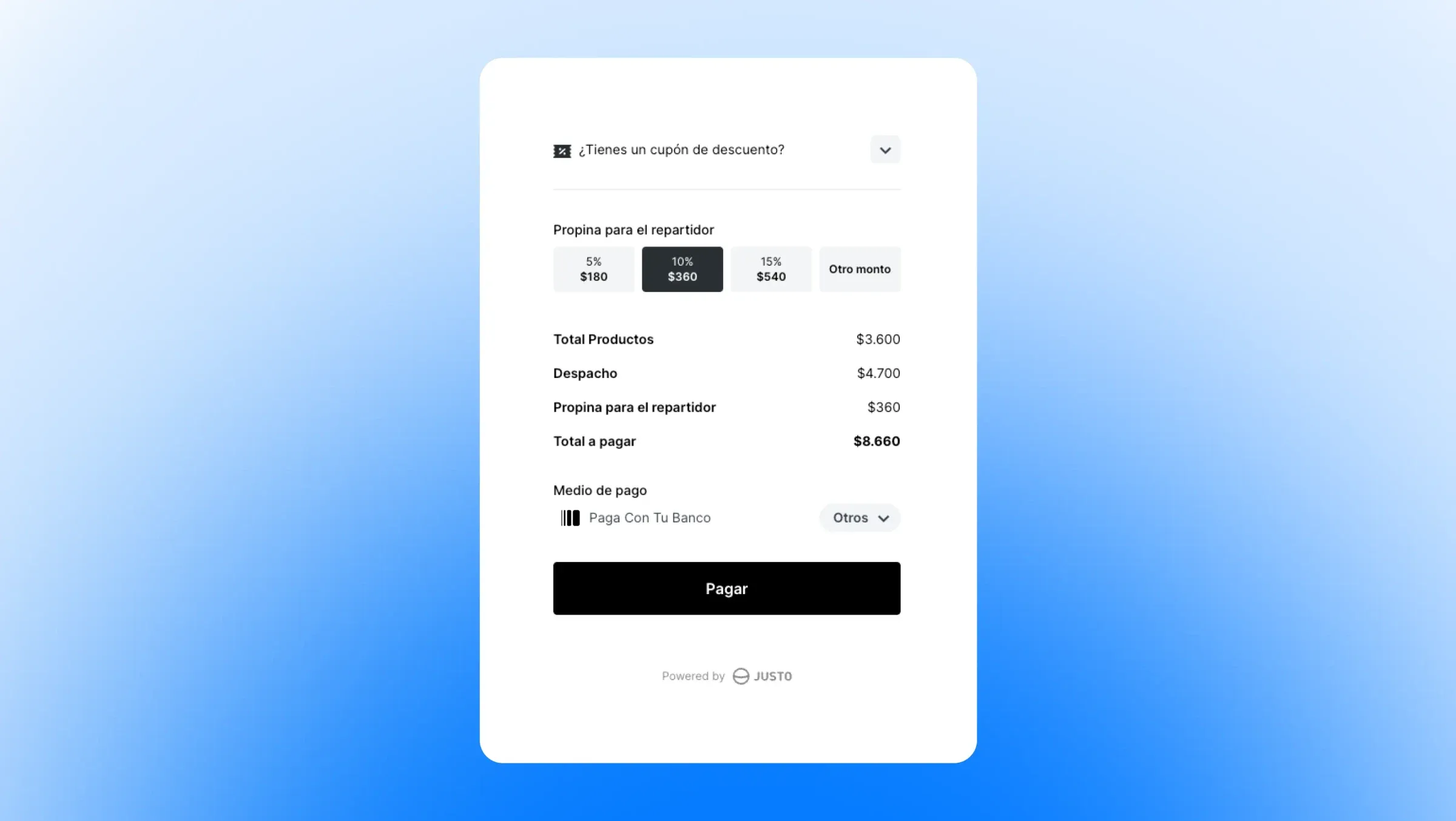 Checkout de Justo con Paga con tu banco de Fintoc