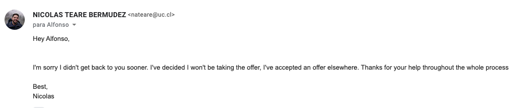 Este es el mail que mandé para rechazar una oferta para ir a trabajar a Facebook 👋🏻.